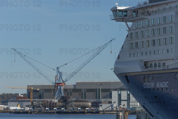 Bow of Norwegian Color Line ferry and cruise ship Color Magic, submarine under construction, armor,