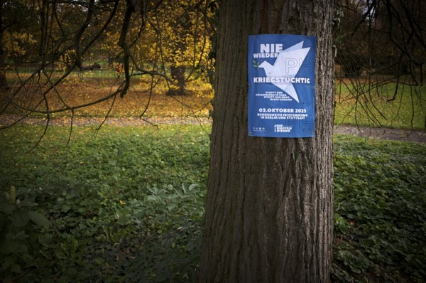 Poster on a tree trunk, call for a demonstration against war, peace demo, dove of peace, day of