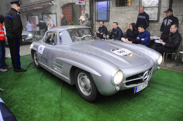 Start No. 563 MERCEDES BENZ vintage car, Mille Miglia 2016, time control, checkpoint, SAN MARINO,