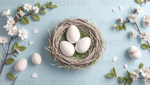 Nest with easter eggs in grass on a sunny spring day, Easter wallpaper decoration drawing, banner,