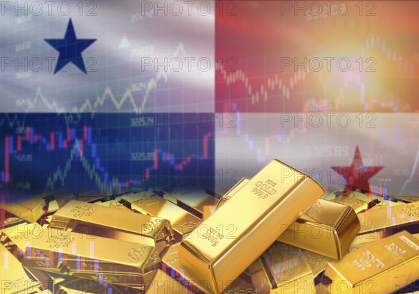 Gold bars on Panama flag in background. Gold bars stacked on Panamanian flag. Concept of Panama