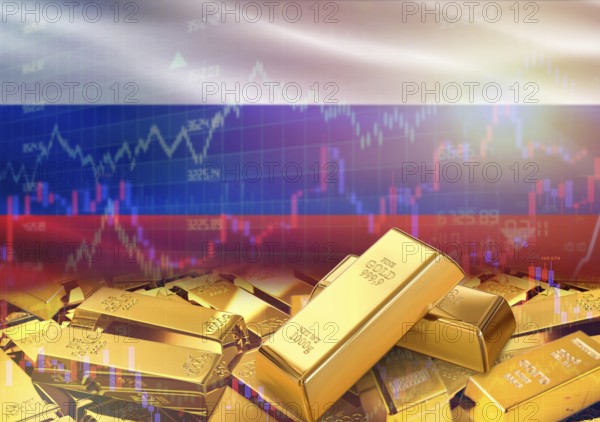 Gold bars on Russia flag in background. Gold bars stacked on Russian flag. Concept of Russia gold