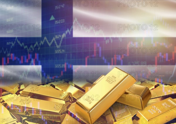 Gold bars on Finland flag in background. Gold bars stacked on Finnish flag. Concept of Finland gold