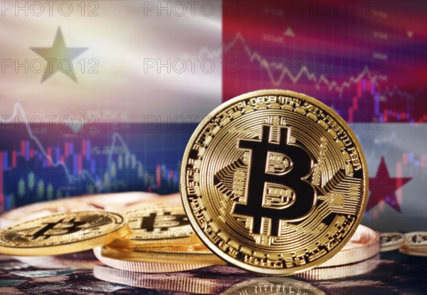 Bitcoin with Panama flag in the background. Investors in cryptocurrency and Blockchain Technology