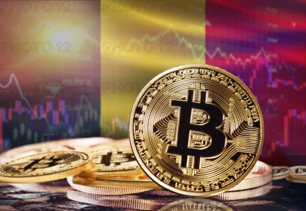 Bitcoin with Belgium flag in the background. Investors in cryptocurrency and Blockchain Technology