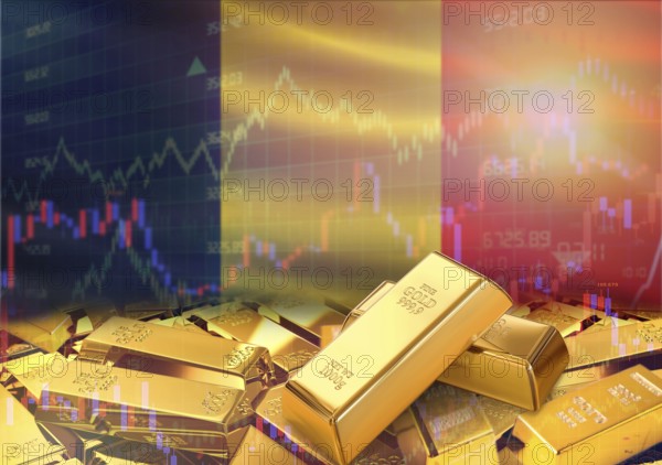 Gold bars on Belgium flag in background. Gold bars stacked on Belgian flag. Concept of Belgium gold