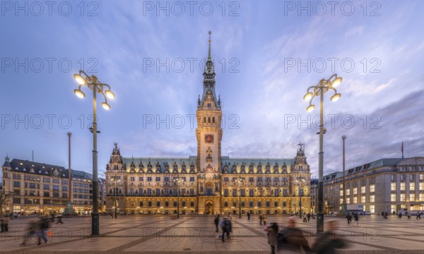 Town Hall Market with Hamburg City Hall at blue hour against a slightly cloudy sky, Hamburg,
