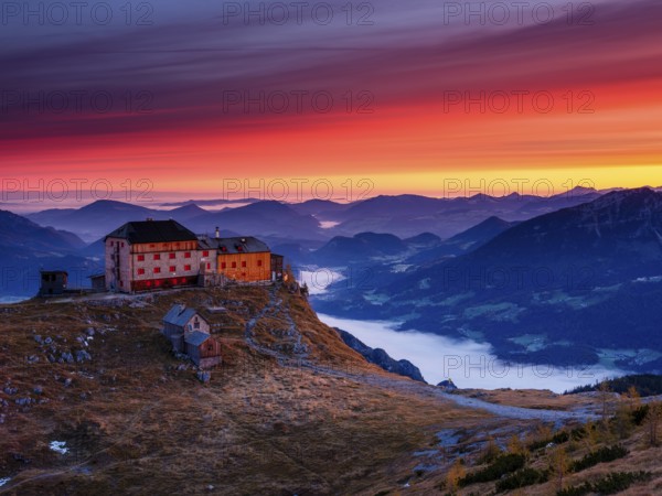 Watzmannhaus at dawn, fog in the valley, Berchtesgaden National Park, Schönau am Königssee,