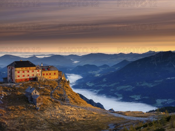 Watzmannhaus at sunrise, fog in the valley, Berchtesgaden National Park, Schönau am Königssee,
