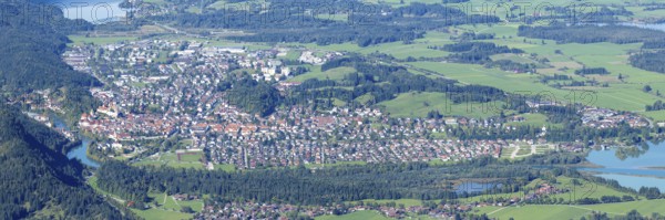 Panorama of Tegelberg, 1881m, on Füssen with historic old town, the Lech and behind it the