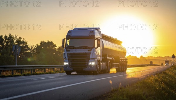 Petrol cargo truck lorry tanker driving on highway hauling oil products at sunrise, wide hilly