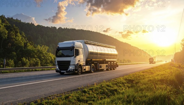 Petrol cargo truck lorry tanker driving on highway hauling oil products at sunrise, wide hilly