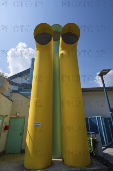 Colored vent pipes in front of Kurfürstenbad, outdoor pool, Amberg, Upper Palatinate, Bavaria,
