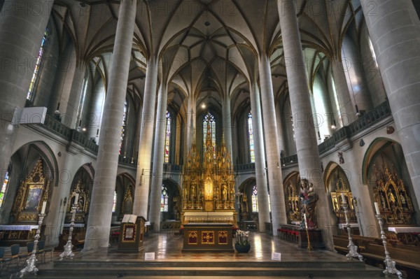 Interior with baroque high altar, St. Martin church, largest Gothic hall church in Upper