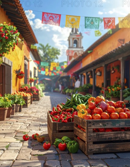 Traditional Mexican plaza with crates of peppers, onions, and tomatoes, economic prosperity in