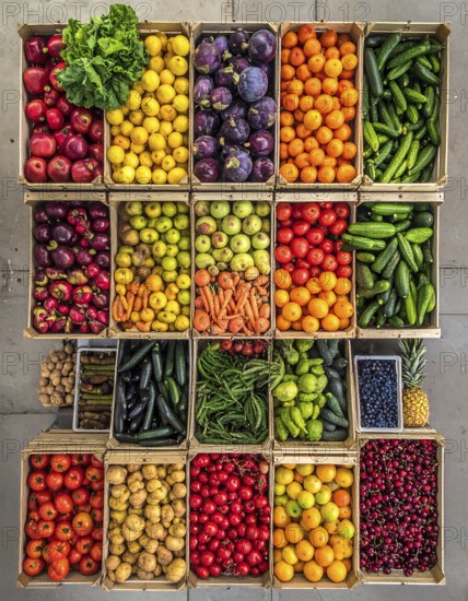 Fresh fruits and vegetables in a market display, aerial view perpendicular top down, healthy eating