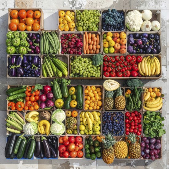 Fresh fruits and vegetables in a market display, aerial view perpendicular top down, healthy eating
