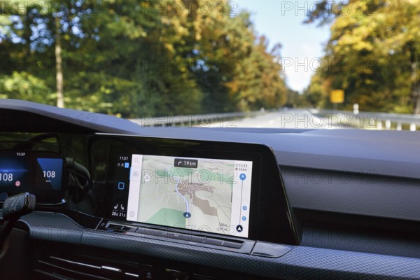 Interior of a Volkswagen, VW Golf 8, digital cockpit, central infotainment system with active