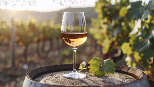 A glass of 10-year-old tawny wine placed on a barrel in a vineyard restaurant, vineyard landscape