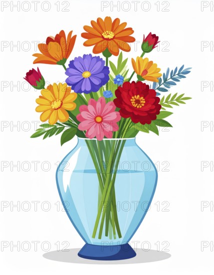 Crystal glass vase with vibrant blooming flowers, vibrant vector drawing illustration for fresh