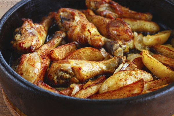 Fried chicken drumsticks with potato slices, in a clay pan, baked in the oven, with spices,