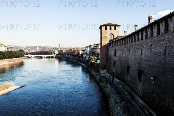 Adige River and Castelvecchio viewed from Castelvecchio Bridge. Verona, Province of Verona, Italy.