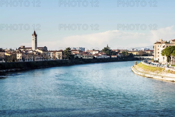 Adige River viewed from Castelvecchio Bridge (Ponte di Castelvecchio). Verona, Province of Verona,