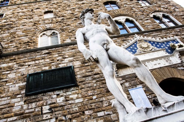 Reproduction of Michelangelo's statue David at the entrance of Palazzo Vecchio, in Piazza della
