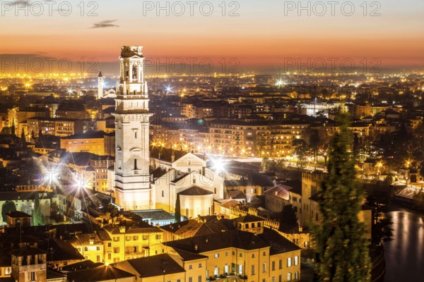 Verona Cathedral, Ponte Pietra and view of the city at evening from Castel San Pietro. Verona,