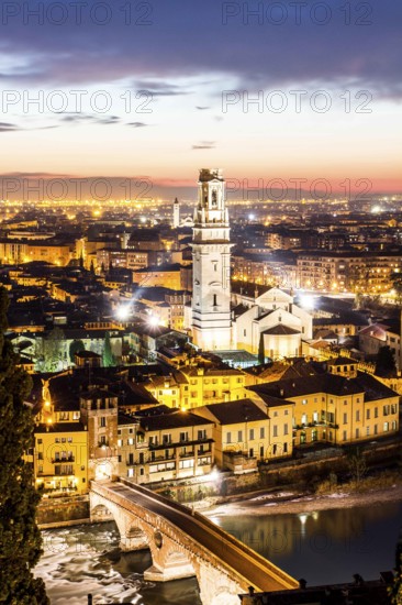 Verona Cathedral, Ponte Pietra and view of the city at evening from Castel San Pietro. Verona,