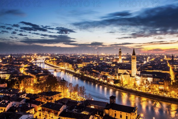 View of the city at evening from Castel San Pietro. Verona, Province of Verona, Italy. 10.12.2012