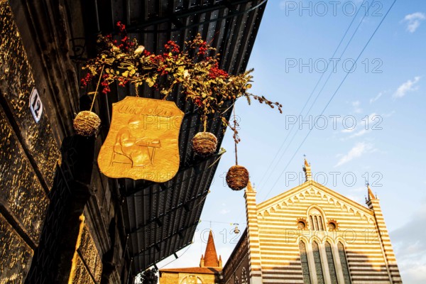 Detail of the front of a café in the historic center of Verona. Verona, Province of Verona, Italy.