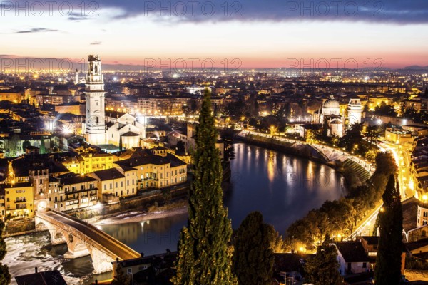Verona Cathedral on the left, San Giorgio in Braida Church on the right, Ponte Pietra and view of