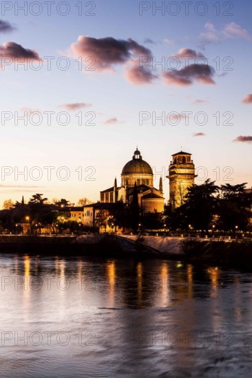 Adige River at evening and San Giorgio in Braida Church (Chiesa di San Giorgio in Braida) in the