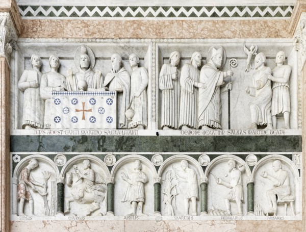 Scene from the life of St. Martin above, month depictions, June, May, April, March, February, January, below, sculptor Guidetto and collaborators, Romanesque, main façade, cathedral, Cattedrale di San...