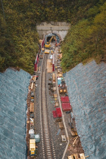 Construction of a railway tunnel structure in an autumn forest landscape, Hermann-Hesse-Bahn