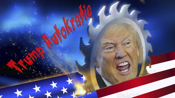 Symbolic image, Trump is sawing up the USA, democracy versus autocracy, Donald Trump sees himself