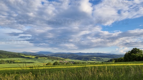 Sunny summer landscape with fields, meadows and forests (smartphone photo), Hübental, Witzenhausen,