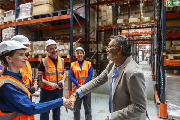 Manager and logistics team member shaking hands in a busy distribution center, collaborating and