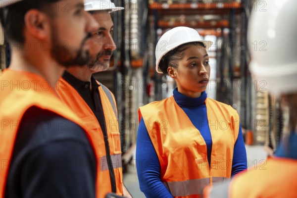 Industry professionals wearing safety vests and hard hats discussing work plans and operations in a