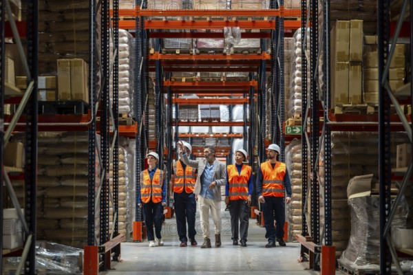 Manager discussing inventory and operations with his diverse team of warehouse workers wearing
