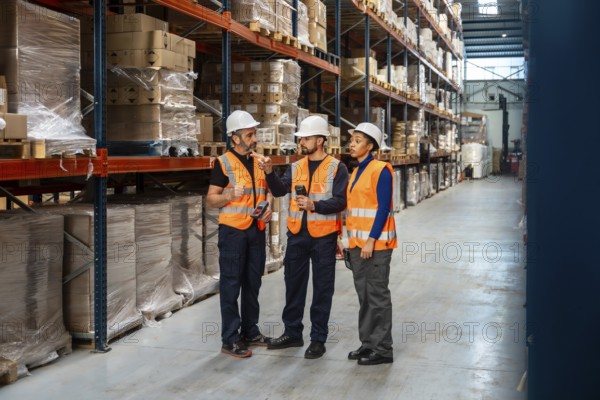 Diverse team of logistics professionals wearing safety gear and hard hats discussing inventory