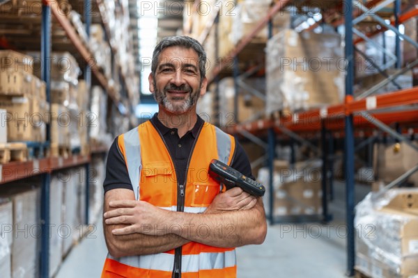 Logistics worker in safety vest stands confidently with arms folded and barcode scanner in hand,