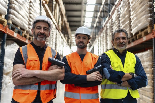 Three smiling male workers wearing hard hats and safety vests standing with arms crossed and