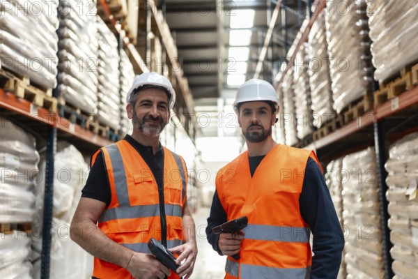Two male logistics supervisors wearing safety helmets and reflective vests are standing confidently