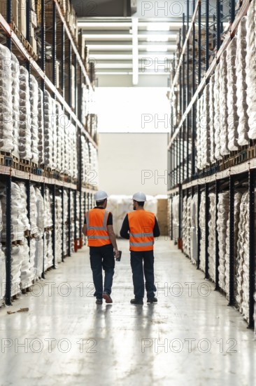 Two male warehouse workers in safety vests and hard hats walk down a tall shelved aisle inspecting