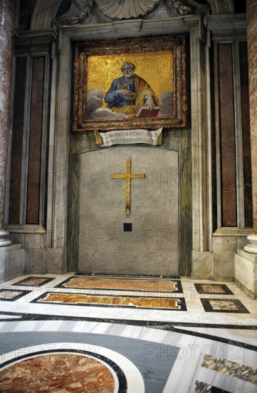 Interior view of walled up Saint Door in St. Peter's Basilica, above painting of Apostle Saint St.