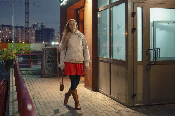 A woman strolls outside a coffee shop in the evening. She is dressed in a bright red dress, brown