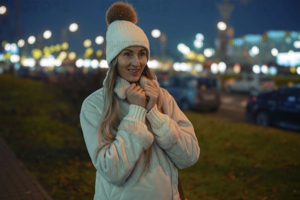 A woman stands outside on a city street during the evening, wearing a warm jacket and a hat with a