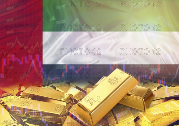 Gold bars on United Arab Emirates flag in background. Gold bars stacked on Emirati flag. Concept of
